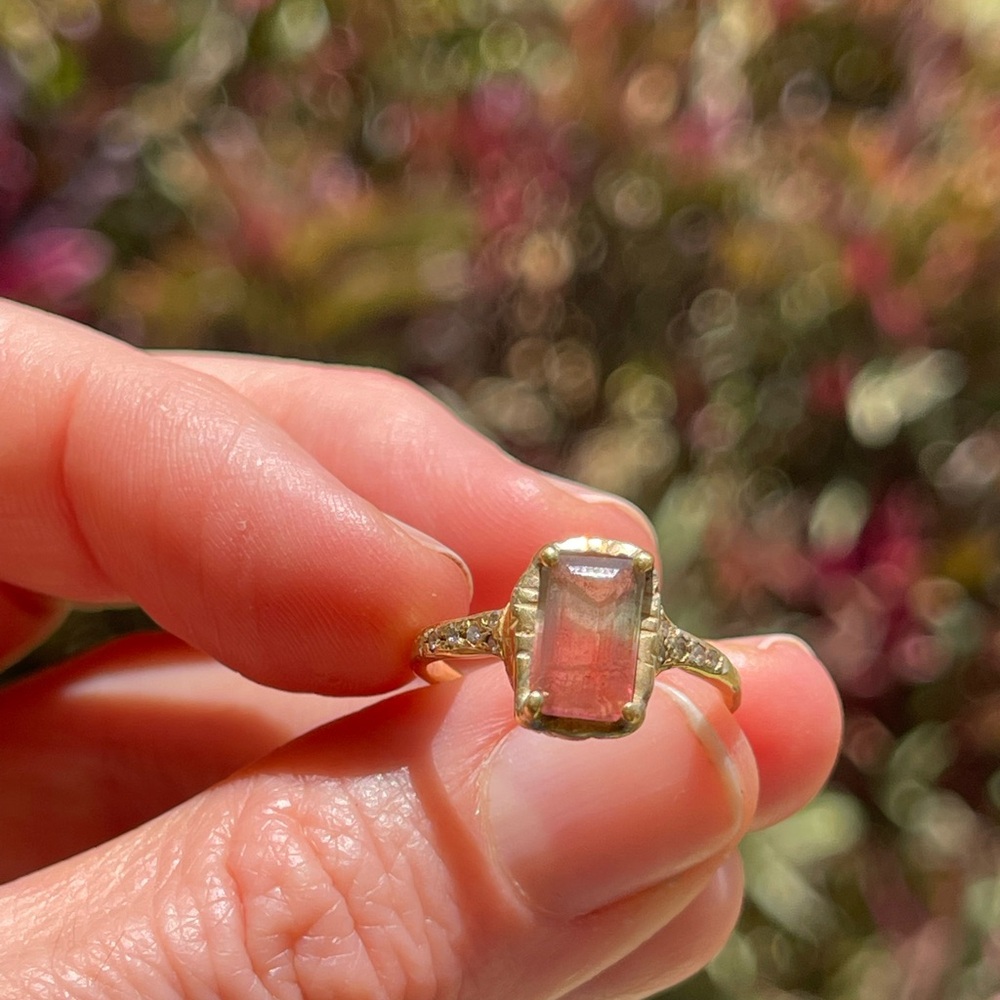 14k Yellow Gold One of a Kind Watermelon Tourmaline ring with Diamonds